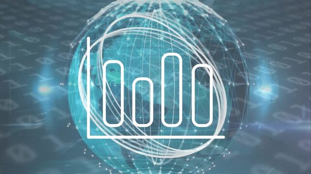 Animation of graph, circles, globe, lens flares, binary codes over infographic interface