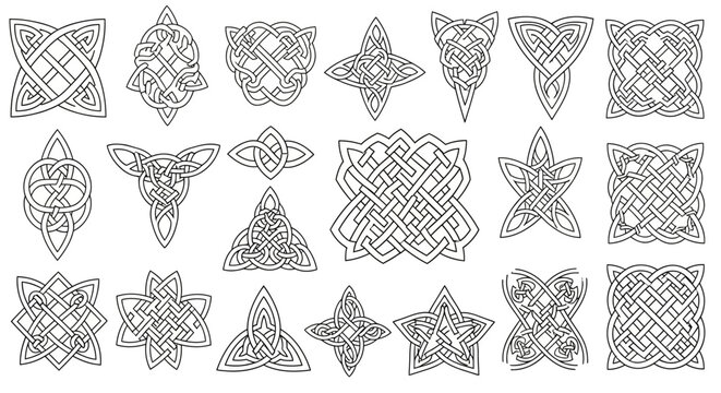 Collection of diverse celtic knots and designs featuring intricate interwoven patterns