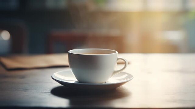 Steaming coffee cup on a rustic wooden table bathed in warm natural light, evoking cozy morning routine, peaceful pause and comforting aroma with soft bokeh background