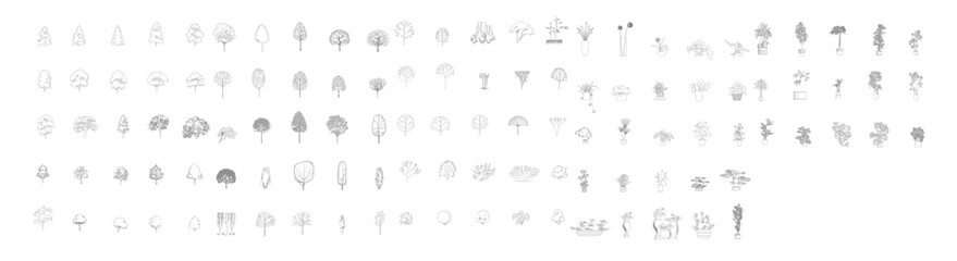 CAD Drawings. Minimal style cad tree line side view, set of graphics trees elements outline symbol for architecture and landscape design drawing. Vector illustration. © xue