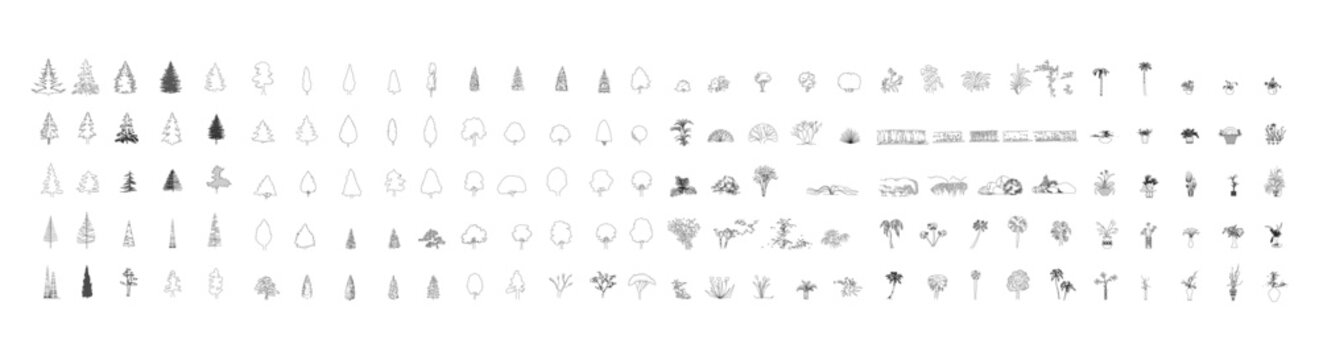 front View Vector Icons of Trees and Plants for Floor Plan and Architectural Design Projects	