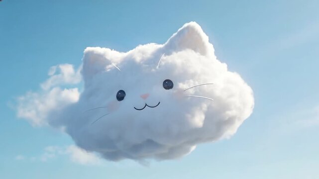 Cat shaped cloud animation against a bright blue sky. Whimsical feline cloud character for childhood, dream, and happy concept.
