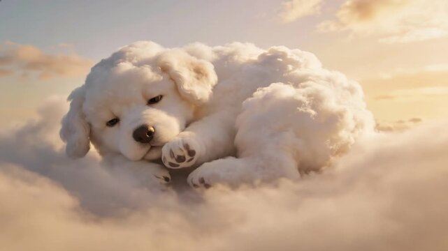 White cloud puppy sleeping peacefully in the sky, fluffy dog dreaming on soft heavenly cushions, tranquil pet concept
