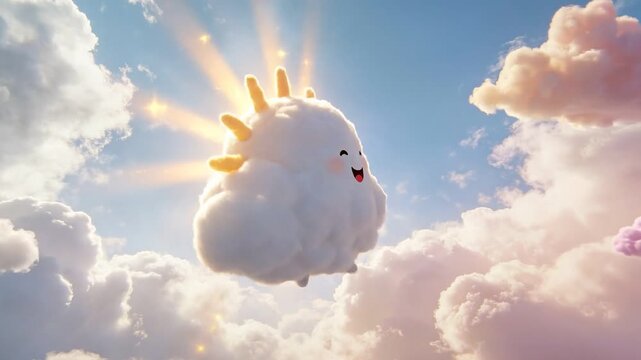 Cute cloud character in sky with shining sun rays. Happy weather design, animated cartoon element for childrens content.