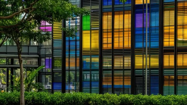 A modern building's facade features vibrant, multi-colored blinds, accented by green foliage and a tree