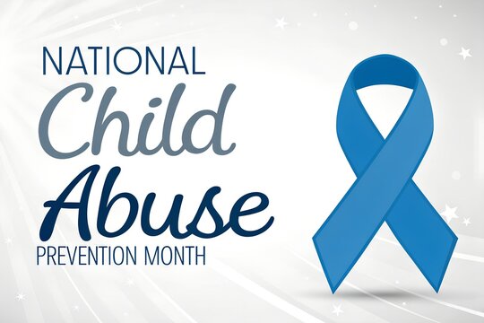 This graphic featuring a prominent blue awareness ribbon communicates the importance of national child abuse prevention month through clear typography against a light background.