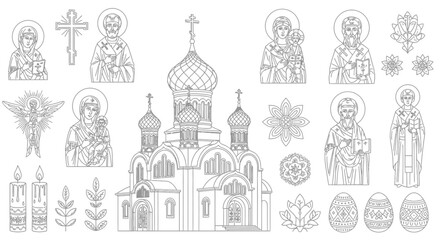 Orthodox Christian saints church candles eggs and floral patterns in black and white © Stock Fire