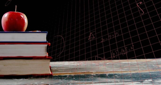 Animation of stack of books and apple over mathematical equations and formulae