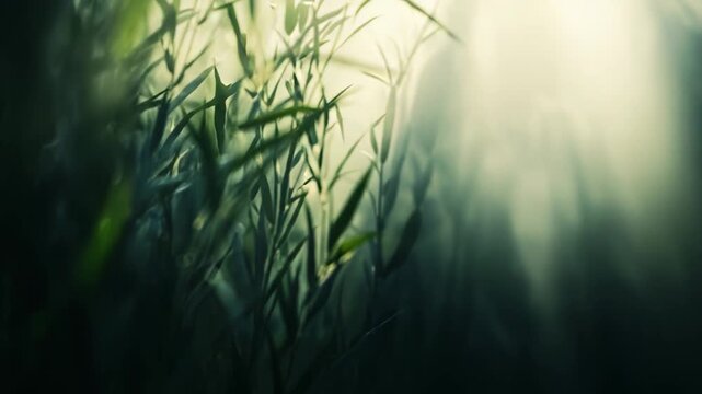 Lush bamboo foliage thrives in a peaceful atmosphere, filtering the warm, glowing sunlight and creating a serene, natural environment with soft, ethereal light beams