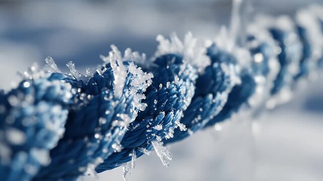 Frosty Blue Rope - A close up shot shows a thick blue rope covered in delicate frost crystals. The rope is the main focus against a blurred background, highlighting the intricate ice formations.