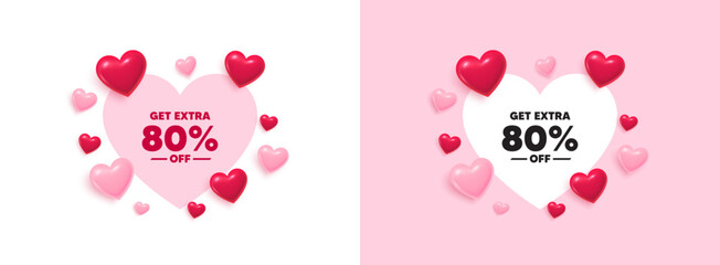 Extra discount heart shaped banner. 3d flying hearts. Get Extra 80 percent off Sale. Discount offer price sign. Special offer symbol. Save 80 percentages. Valentines day greeting card. Vector © blankstock