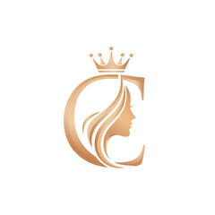 Elegant C letter logo with crown and womans face silhouette.
