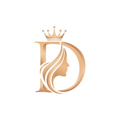 Elegant D letter logo with a queens crown and a womans face.