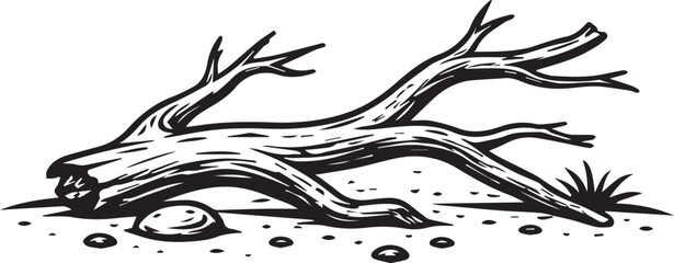 A detailed grayscale illustration of a weathered, textured log resting on sandy terrain, conveying a sense of age and the passage of time. © DesignINKZ