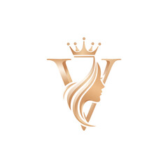 Elegant V Letter Logo with Crown and Womans Profile.