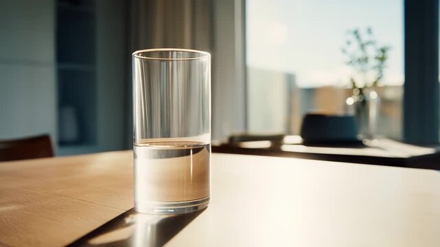 Glass of water on a light wooden table bathed in warm sunlight from a large window, minimalist interior scene conveying calm, refreshment, and simple, bright home living