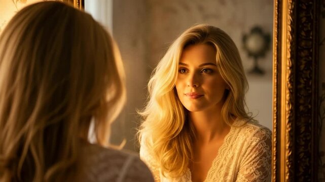 Elegant adult blonde woman admiring her reflection in an ornate golden mirror. Cinematic sequence capturing a serene moment of self-love and positive affirmation