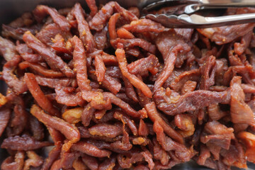 street food menu in asia , deep fried grilled pork 