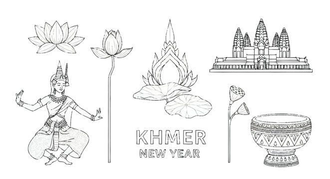 Khmer New Year celebration with traditional and Angkor Wat lotus flowers