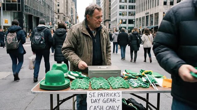 Man selling St Patricks day gear on street with green hats and shamrock accessories for cash only festival