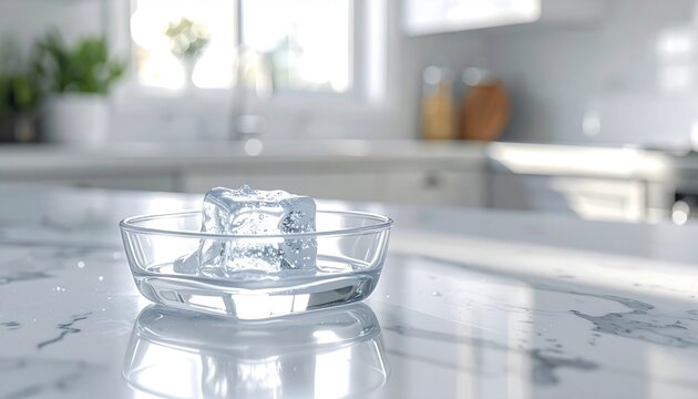 Glass of Water on Marble Countertop in Kitchen.