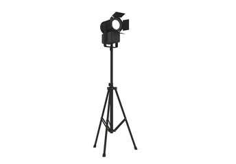Spotlight isolated on white, lighting stage equipment. Led theatre footlight spotlight lamp light and barn doors. Led theatre stage lighting. Theatre lights. Video film studio production staging.