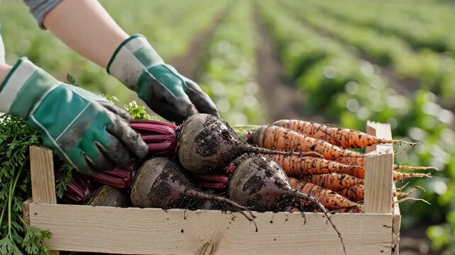 Harvesting Fresh Organic Root Vegetables from a Wooden Box in a Lush Farm Field