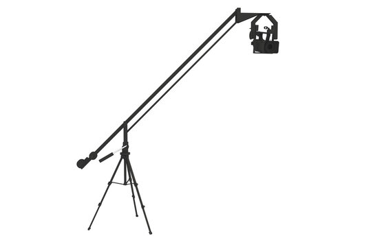 Telescopic camera crane for film and TV production isolated on white background. Crane telescopes. Filming shooting movies, concerts. Videographer, cameraman. Console crane for camera.