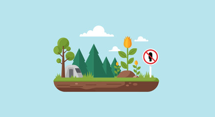 Fototapeta premium Camping forbidden sign in nature reserve with tent