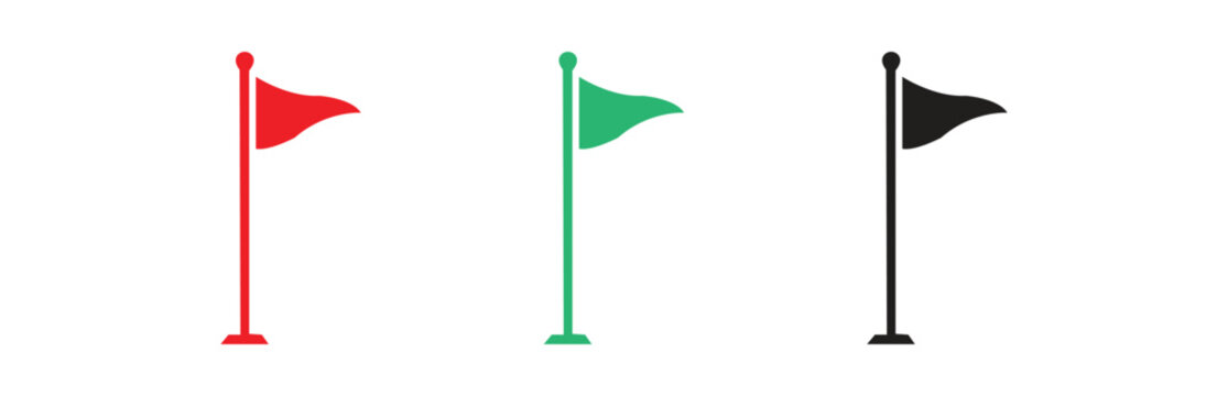 Set of three simple flag icons representing a red flag, a green flag, and a black flag, all isolated on a clean white background.