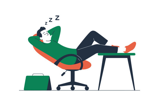 A man is sleeping in an office chair with his feet on a desk next to a briefcase.
