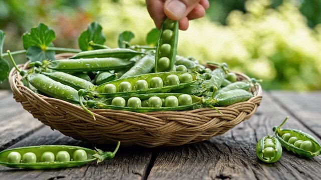 Harvesting Fresh Green Peas from a Wicker Basket on Rustic Wooden Surface