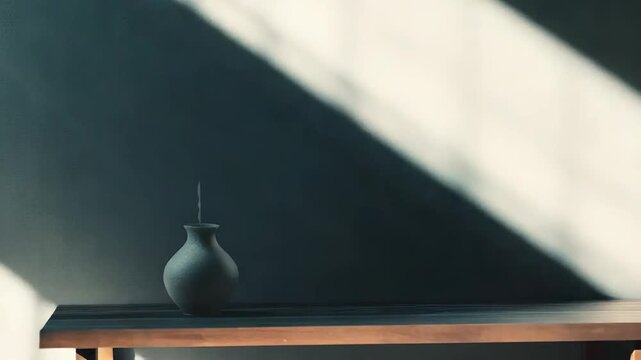 Simple ceramic vase with a single stem on a warm wooden table, bathed in diagonal sunlight that casts high contrast shadows on a muted wall for a calm, modern interior