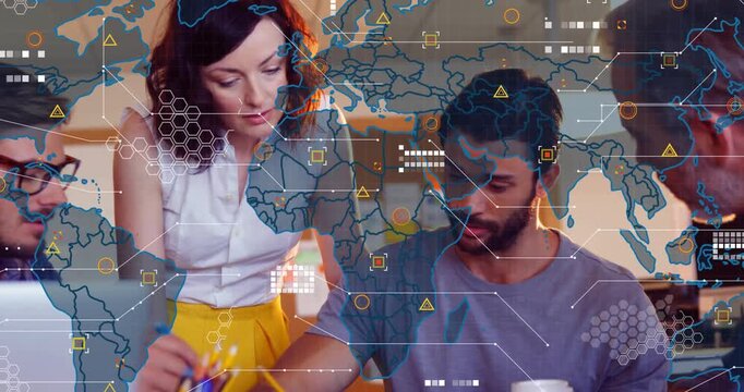 Animation of data processing and world map over diverse business people discussing work