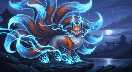 Obraz premium Mythical many tailed fox creature emanates bright blue energy under a full moon
