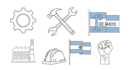 Of industrial symbols and tools with Argentine flag and raised fist hammer wrench