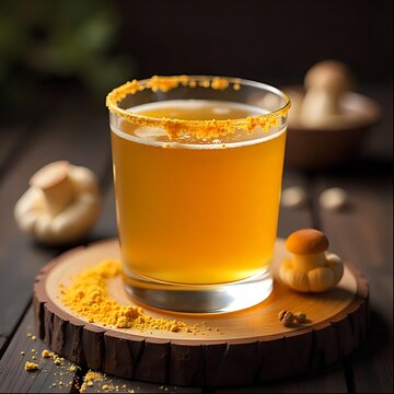 Warm golden adaptogenic mushroom elixir in a sleek glass, set on rustic wood with shiitake mushrooms and powdered blends, evoking natural vitality and wellness.