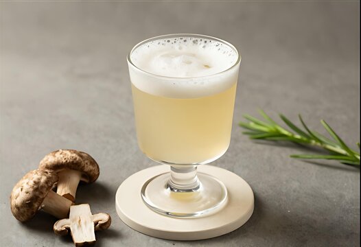 mushroom wellness drink, warm golden adaptogenic elixir in modern glass, rustic wooden table setting, organic shiitake mushrooms and powdered herbal blends, natural vitality aesthetic