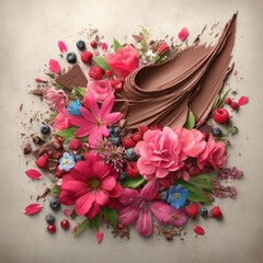 Floral arrangement with chocolate and berries, decorative food
