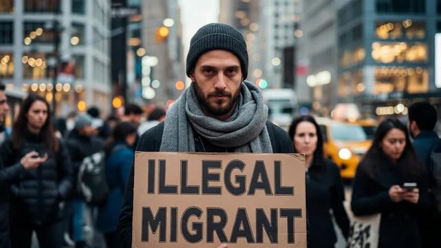 Serious bearded man holding a cardboard sign about illegal migration on a crowded city street. Concept of social issues, political protest and the global immigration debate