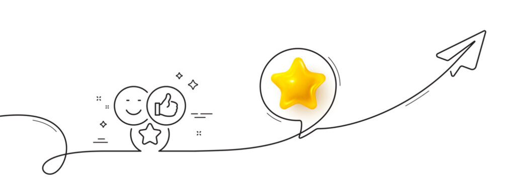 Social media likes line icon. Continuous line with share plane. Thumbs up sign. Positive smile feedback symbol. 3d star in speech bubble. Like single line ribbon. Loop curve pattern. Vector
