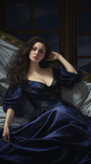Elegant woman in a dark blue gown reclining on a vintage sofa with a moody atmosphere and soft lighting