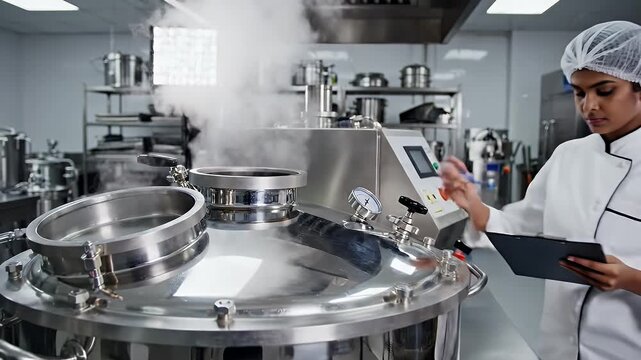Industrial Equipment Operation in Clean Room - A close-up shows a technician in a lab coat adjusting a valve on a large, stainless steel piece of industrial equipment.