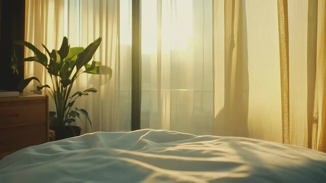 Sunlight filters through sheer curtains, warming a rumpled white duvet and pillows on a cozy bed in a bright, minimalist bedroom at morning's peaceful awakening