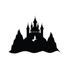 Obraz premium Majestic castle silhouette vector illustration with mountains, A detailed black and white silhouette of a castle with mountains, perfect for vector illustrations
