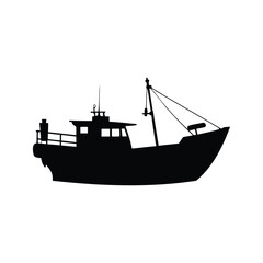 Obraz premium Black and white silhouette of a fishing boat vector illustration, A detailed black and white silhouette of a fishing boat vector illustration