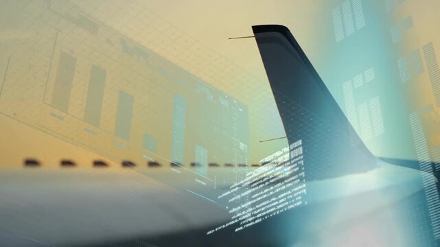 Airplane wing being illuminated by sunrise glow, featuring 3D render HUD grids and bar charts