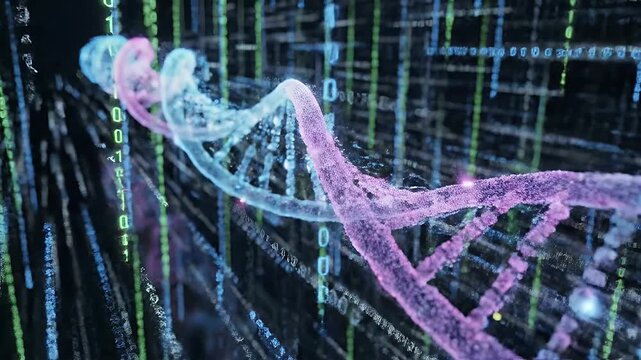 DNA strand visualization - A digital visualization of a DNA double helix is shown, complete with binary code and abstract elements in the background.