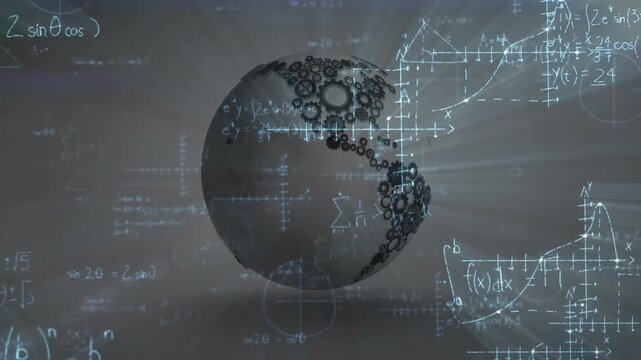 Appearing gear-patterned sphere rotating as equations drifting around to illustrate math concepts