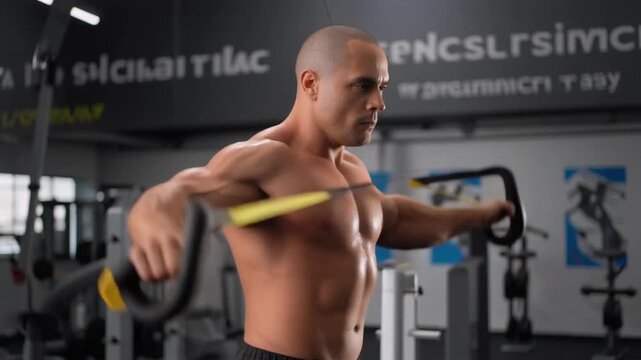 Intense TRX Workout: Muscular Man Demonstrates Chest Flyes at the Gym with Focus